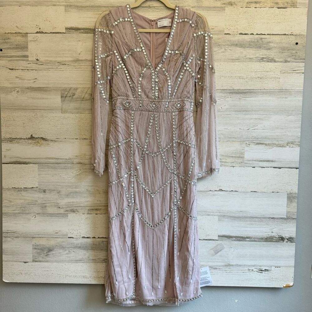 NWT ASOS DESIGN Embellished Midi Dress Long Bell Sleeve Beaded Mauve Pink Slit